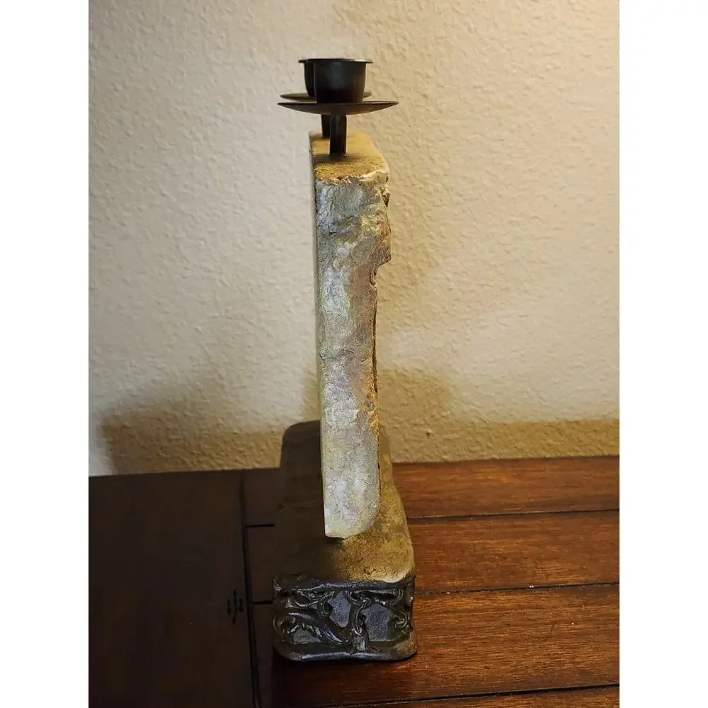 Vintage Jesus Last Supper Plaster Art Cast Iron Stand Brass Candle Holder 11